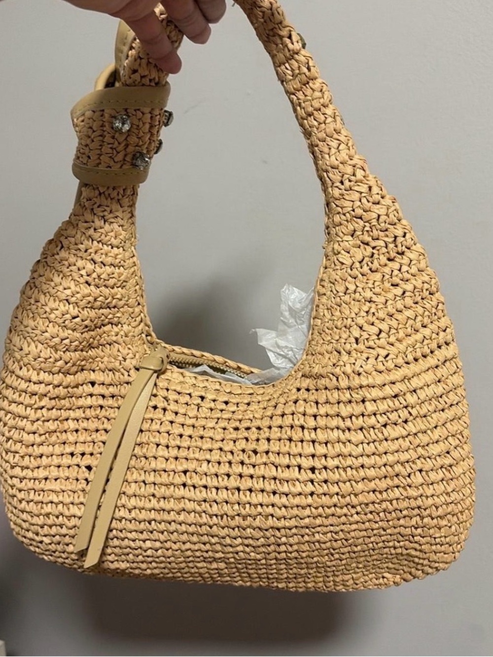 Beaded Straw Hobo Bag in Beige - Picture 3 of 3